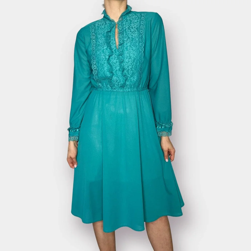 80s Jane Baar Teal Day‎ Dress with Lace Trim